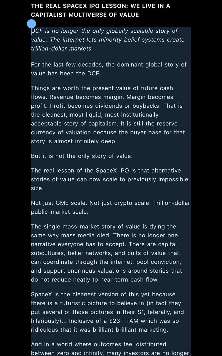 lessin's tweet photo. THE REAL SPACEX IPO LESSON: WE LIVE IN A CAPITALIST MULTIVERSE OF VALUE https://t.co/KTW4uNlePM