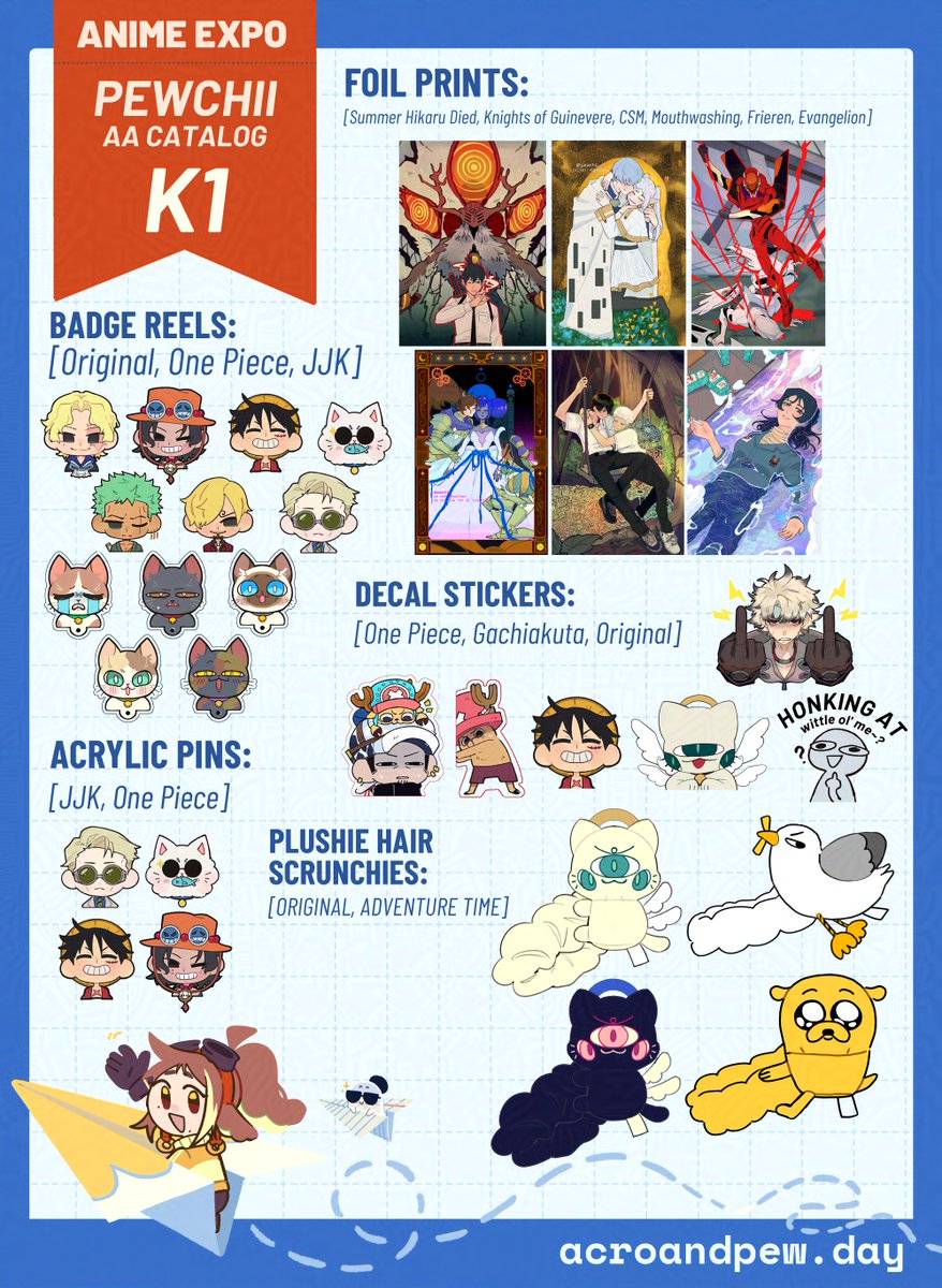 pewchii_'s tweet photo. Anime Expo 2026 Catalog is up 🎉

If you are looking for some One Piece, Blue Lock, Windbreaker, Frieren, HSR, ATLA, Haikyuu!, Mouthwashing, Strinova, TSHD, Knights of Guinevere, AND MORE...

✨Come to table K1 in the main artist alley ✨
#AX2026 #AXArtistAlley2026 https://t.co/xDIjV8peJq