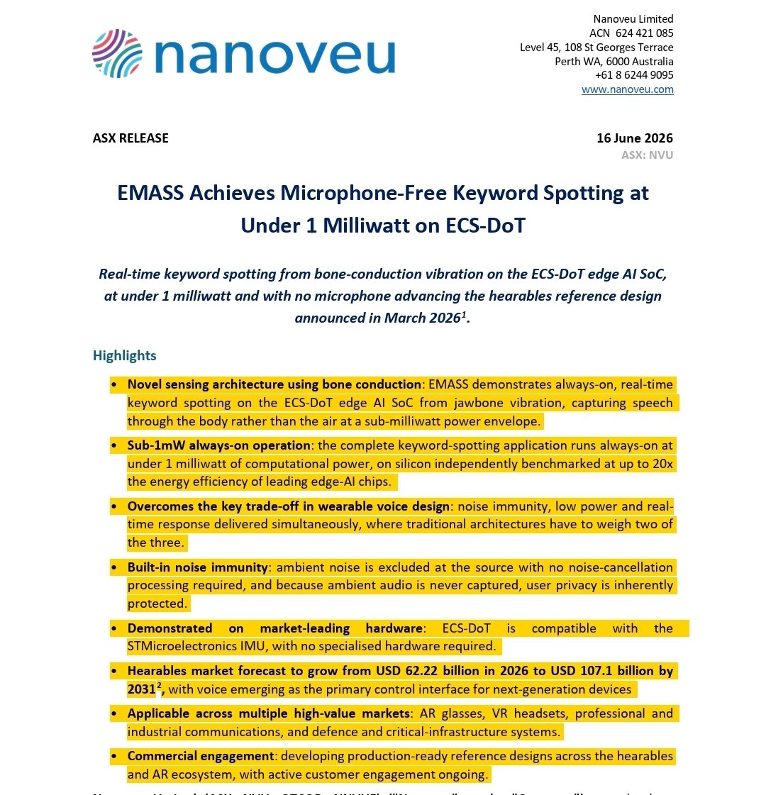 YellowStripeASX's tweet photo. $NVU $51M MC💥
#ASX #Semiconductor News
⏩️ $NVU'S #EMASS ACHIEVES MICROPHONE-FREE KEYWORD SPOTTING AT UNDER 1 MILLI WATT ON ECS-DOT, Overcomes the key trade-off in wearable voice design: noise immunity, low power & realtime response delivered simultaneously, where traditional architectures have to weigh two of the three⏪️
💥Demonstrated on market-leading hardware: ECS-DoT is compatible with the STMicroelectronics IMU, with no specialised hardware required.
💥Hearables market forecast to grow from USD 62.22 billion in 2026 to USD 107.1 billion by 2031
💥Commercial engagement: developing production-ready reference designs across the hearables & AR ecosystem, with active customer engagement ongoing.
#AI #Semiconductors #Drones #DroneTech #Defence