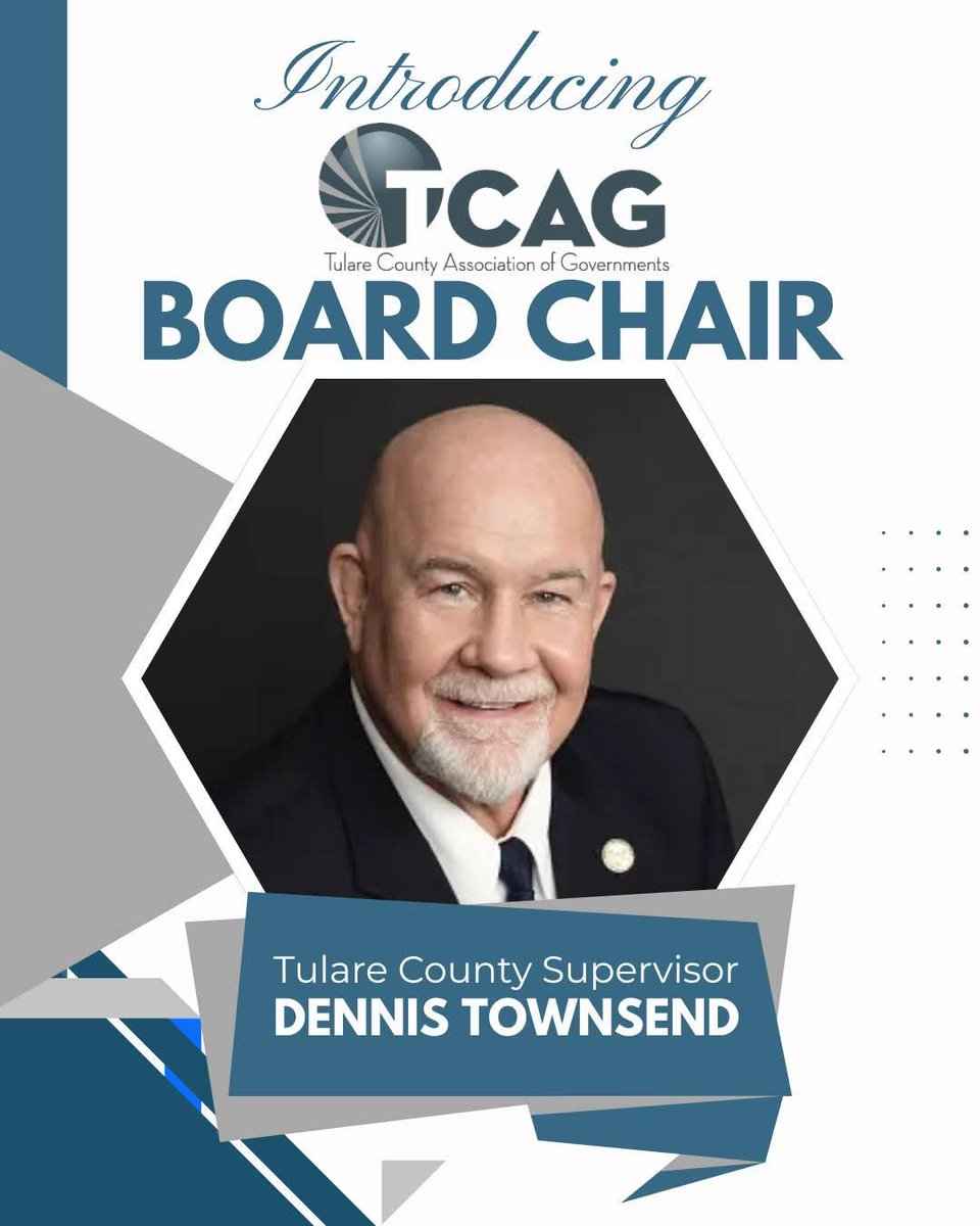 TulareCOG's tweet photo. We are pleased to announce the election of our new leadership team.
• Dennis Townsend, Tulare County Supervisor, has been elected as TCAG Chair.
• Patrick Isherwood, City of Tulare Mayor, has been elected as Vice Chair.
Learn more about TCAG’s work at https://t.co/QejPEm9sUw. https://t.co/rF5C3gvDVr