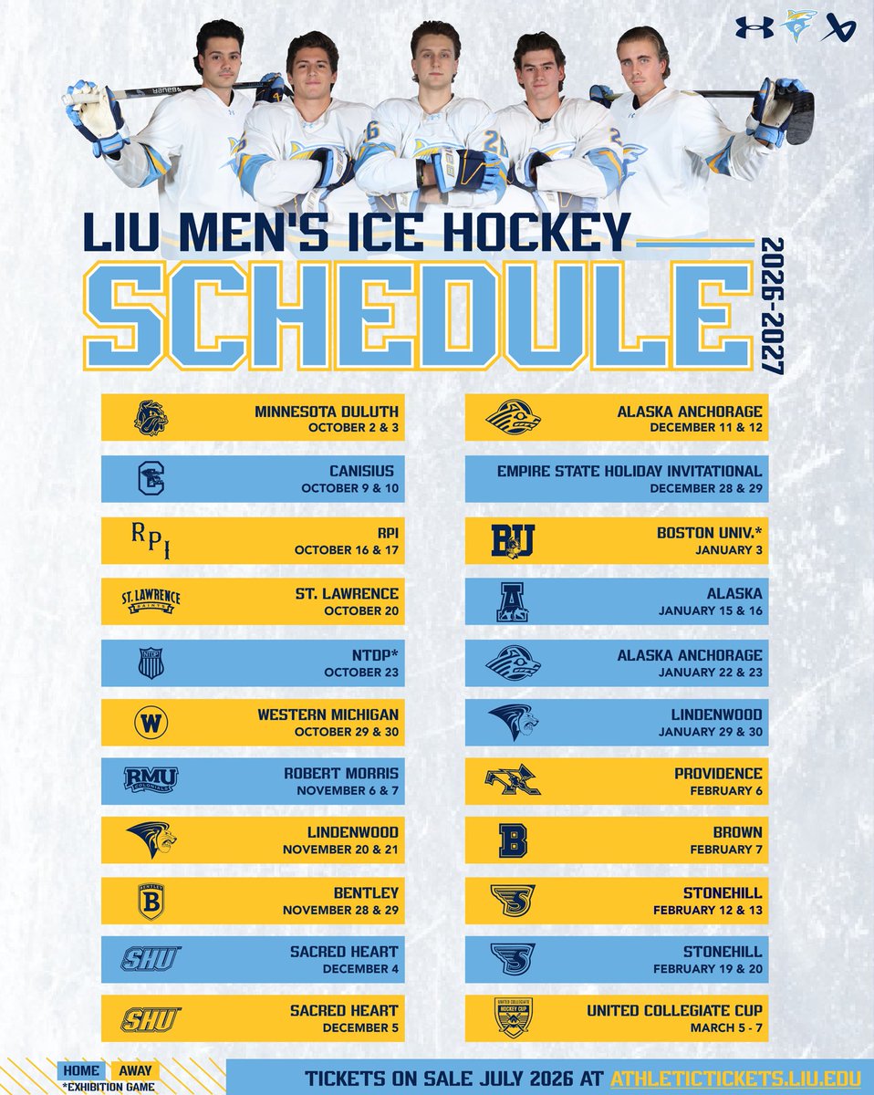 LIUMHockey's tweet photo. 🚨The wait is over!🚨
📅 2026-27 Schedule Release 
The team is built, the road is set, and the opponents are locked in. 
See you in October Sharks fans!🦈

🎟️ Tickets will go on sale in July. https://t.co/WjfrMvhoIF