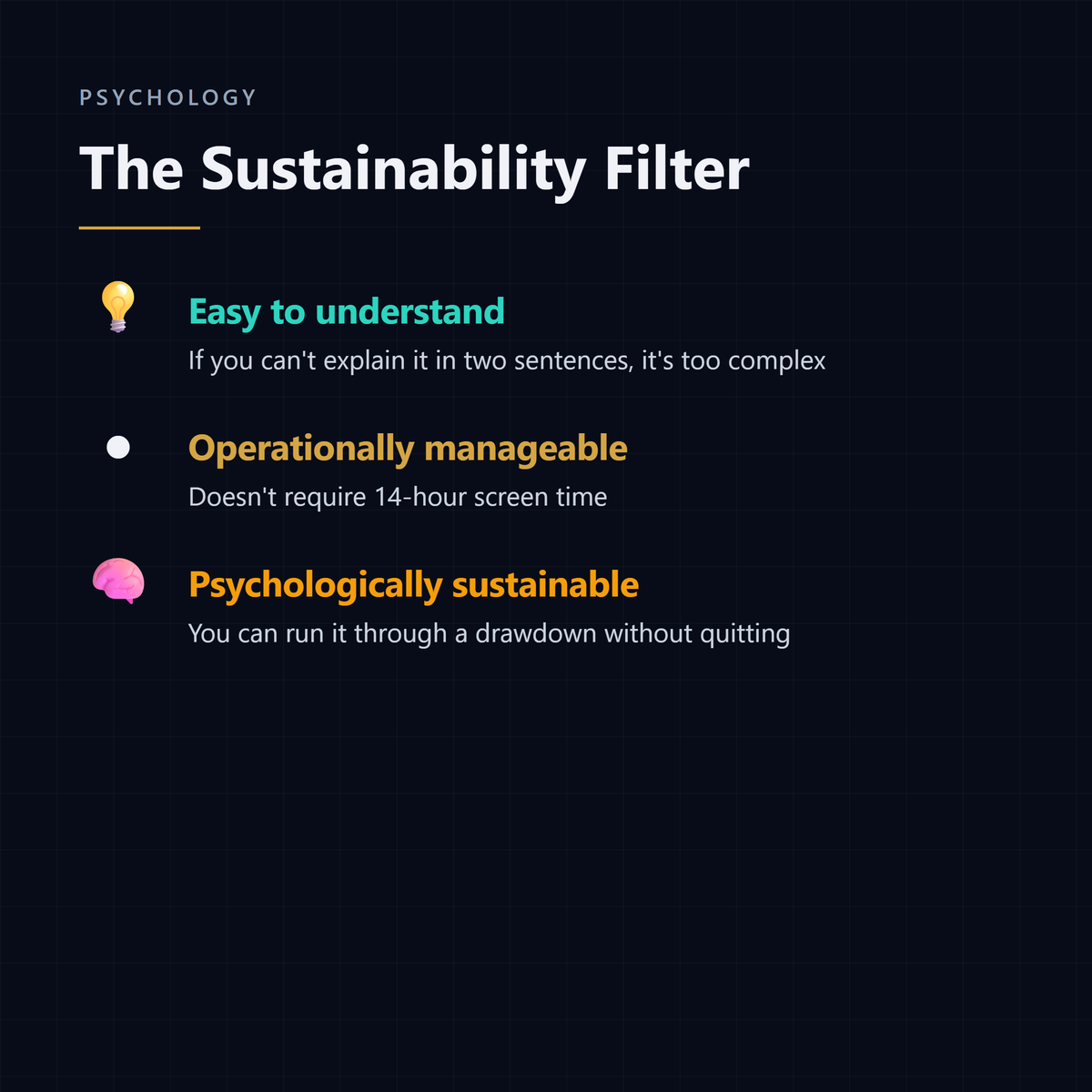 TechTradingUSA's tweet photo. A strategy you can't follow is not a strategy.

Three filters for design:
— Easy to understand (explain in two sentences)
— Operationally manageable (not 14 hours of screen time)
— Psychologically sustainable (survives a drawdown)

Break any one and you'll abandon the system. https://t.co/qsrJEbqpn0