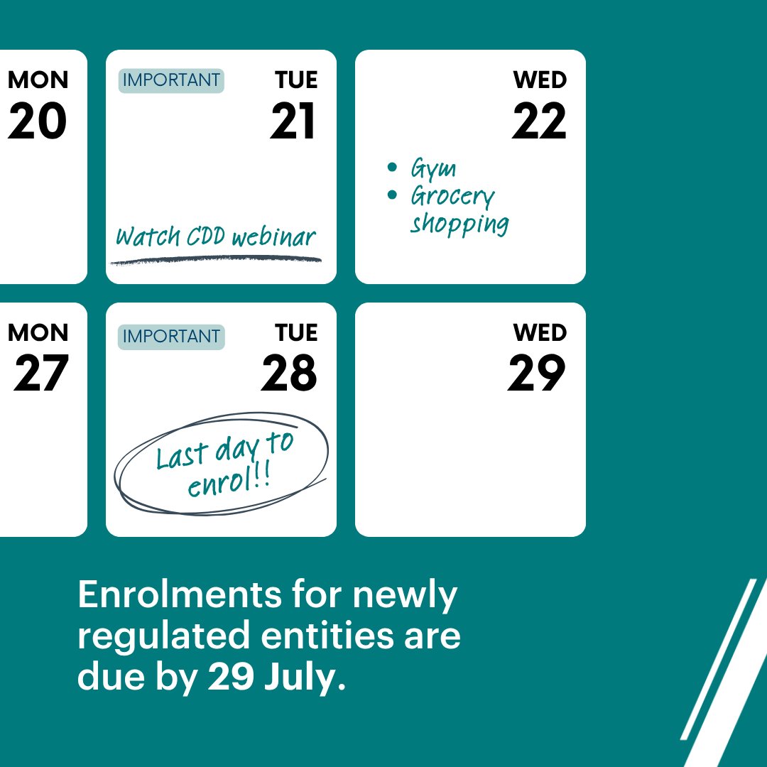 AUSTRAC's tweet photo. Locking it in the diary 🔐

Enrolments for newly regulated entities are due by 29 July. 

Don’t leave it too late. Get started on your enrolment today: https://t.co/zFAu8BjNmq https://t.co/M8Ncy0314H
