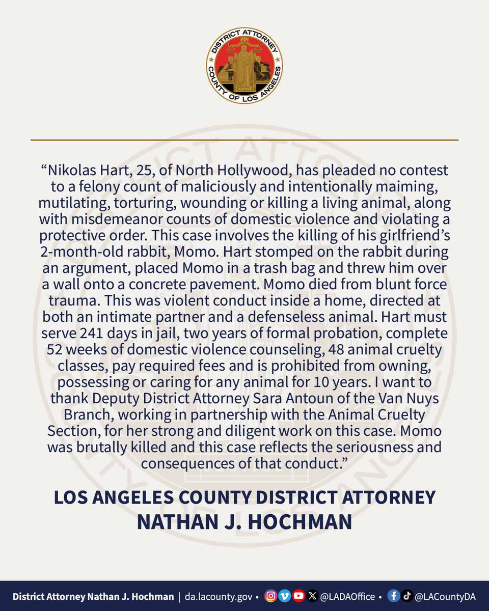 LADAOffice's tweet photo. At the launch of Animal Rights Awareness Week, the Los Angeles County District Attorney highlights the conviction and 10-year animal ownership ban imposed after the fatal abuse of a 2-month-old rabbit Momo. https://t.co/PK0zl22EV2