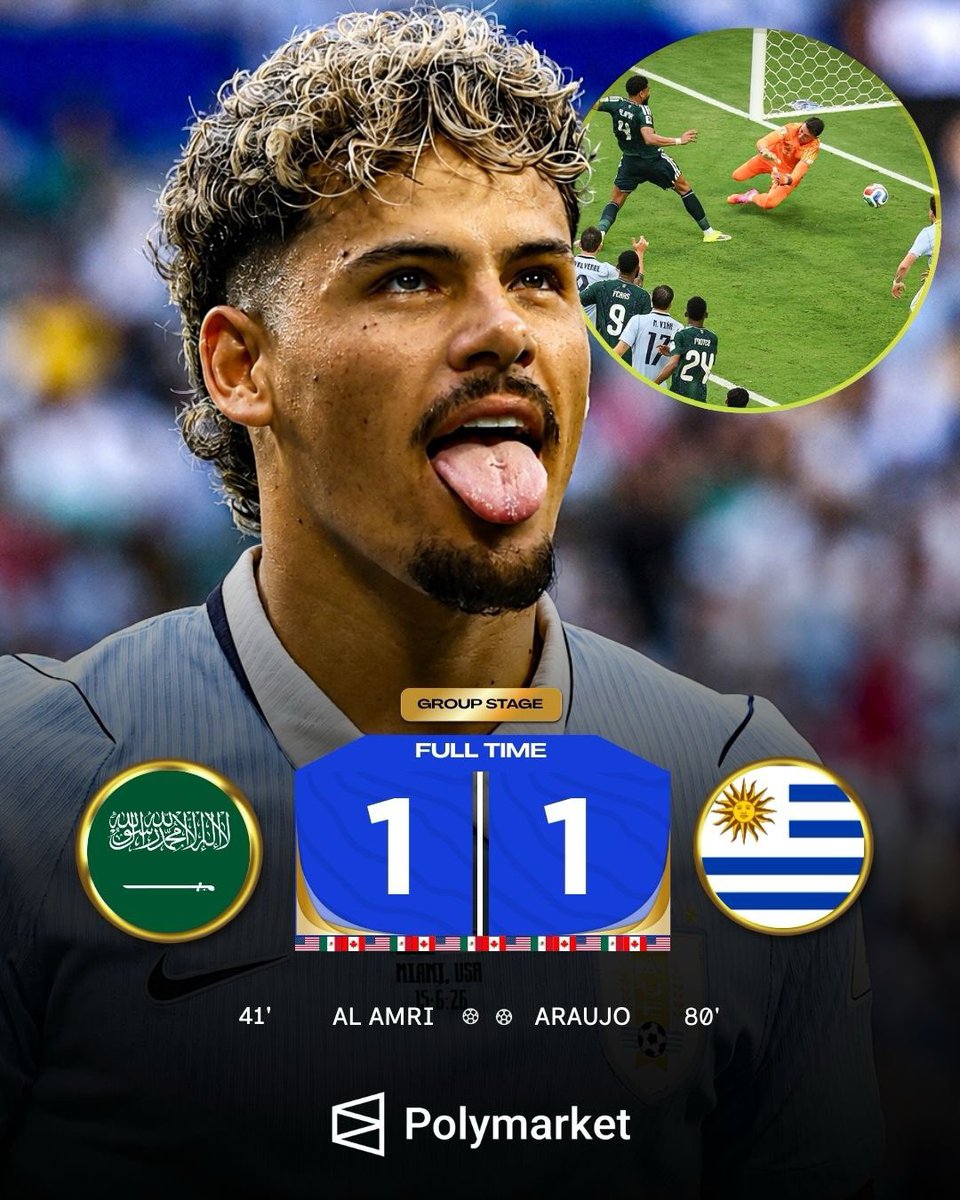 PolymarketFC's tweet photo. 🇺🇾 Uruguay FAIL TO WIN against Saudi Arabia and the South Americans have NOT impressed in this World Cup. 🇸🇦 https://t.co/QW812tjkI6