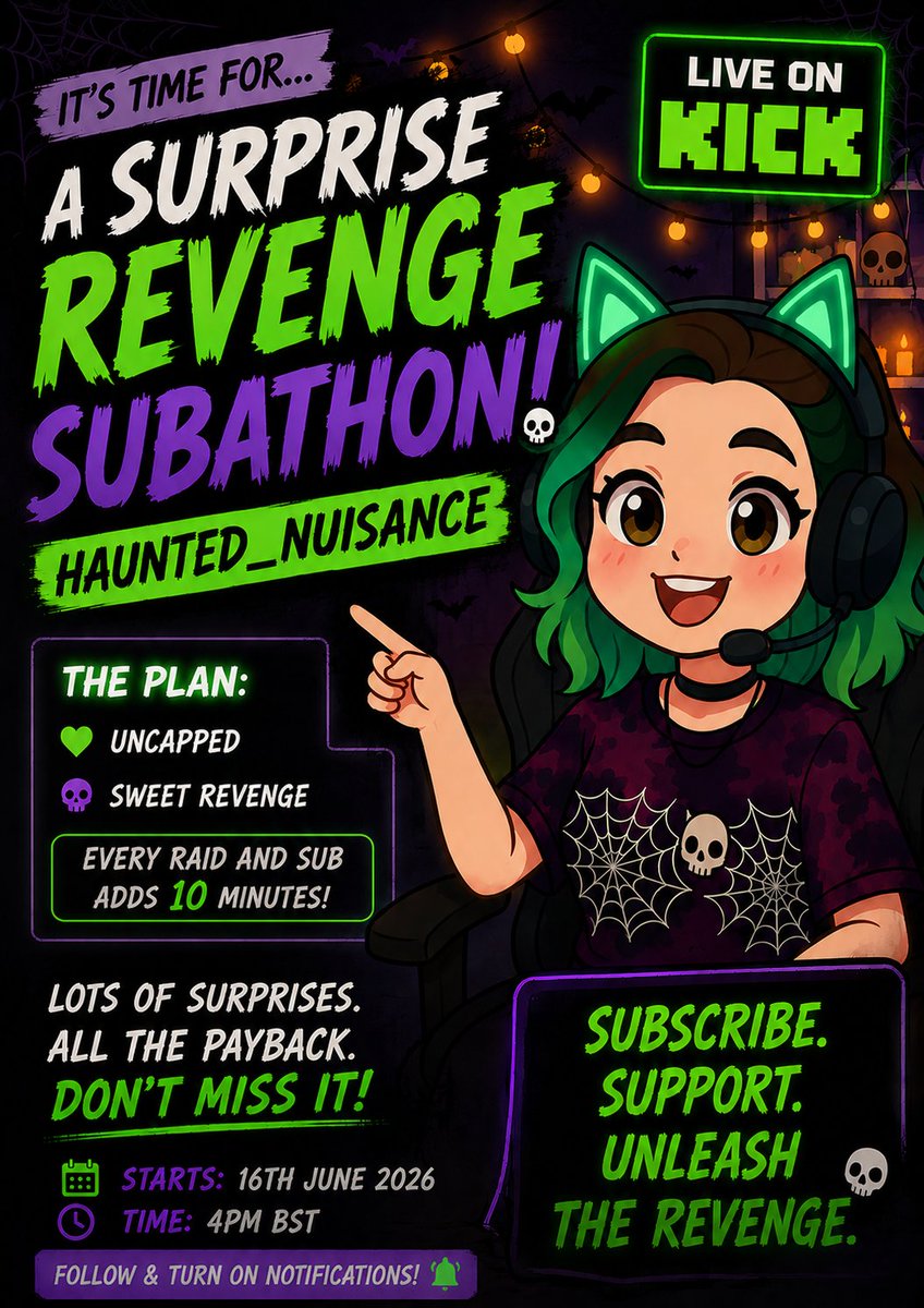 HauntedNuisance's tweet photo. Well... @Average_Shad won. 😒

As revenge for starting his nearly 100 day subathon, he's made me do a SURPRISE REVENGE SUBATHON on Kick. 💀

💚 UNCAPPED
⏰ Every sub &amp; raid adds 10 minutes
📅 16th June 2026
🕓 4PM BST

Send help. Or don't. Either way, I'll be live. 👻🎮

@kick https://t.co/1BUrlYGrHC