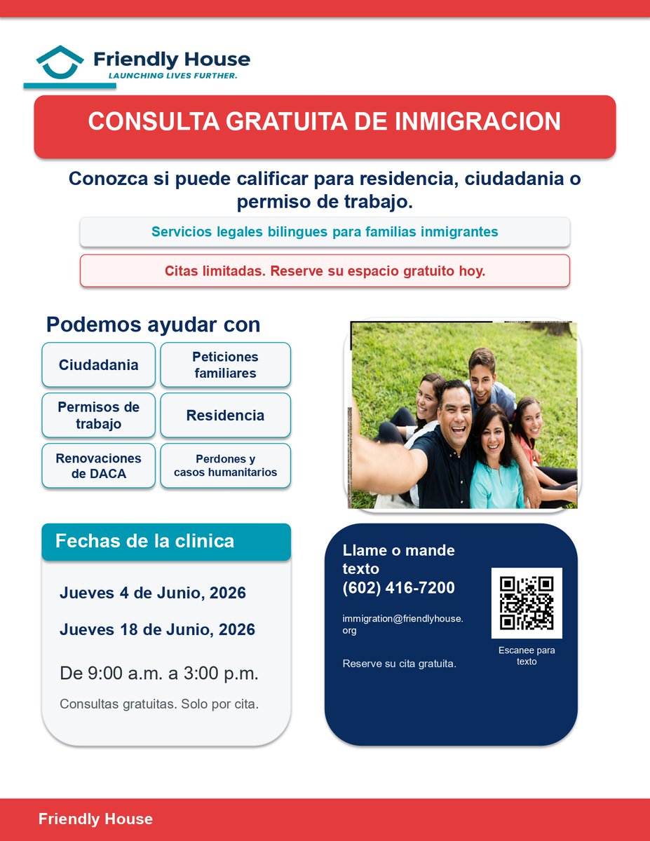 ConsulMexPho's tweet photo. ¡Infórmese sobre sus opciones migratorias! 
Asesoría gratuita para conocer si califica a ciudadanía, residencia, permiso de trabajo, DACA, peticiones familiares y más.

📅18 de junio de 2026 | ⏰9:00 a.m.–3:00 p.m.

📞Citas: (602) 416-7200
⚠️Cupo limitado https://t.co/0dOtXkJQ7w