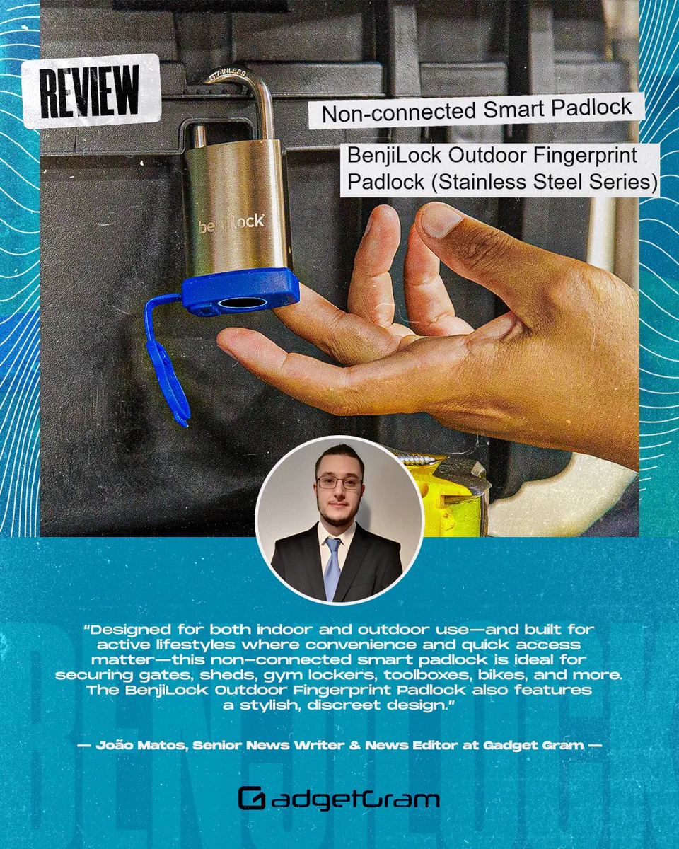 Screenshot of a GadgetGram review featuring the BenjiLock Outdoor Fingerprint Padlock. The highlighted quote from João Matos reads: “Built for indoor & outdoor use and designed for active lifestyles, BenjiLock delivers quick, convenient access to what matters—no keys, no hassle. From gates and sheds to bikes and gym lockers…” BenjiLock expresses appreciation for the 5-star praise and support from GadgetGram.