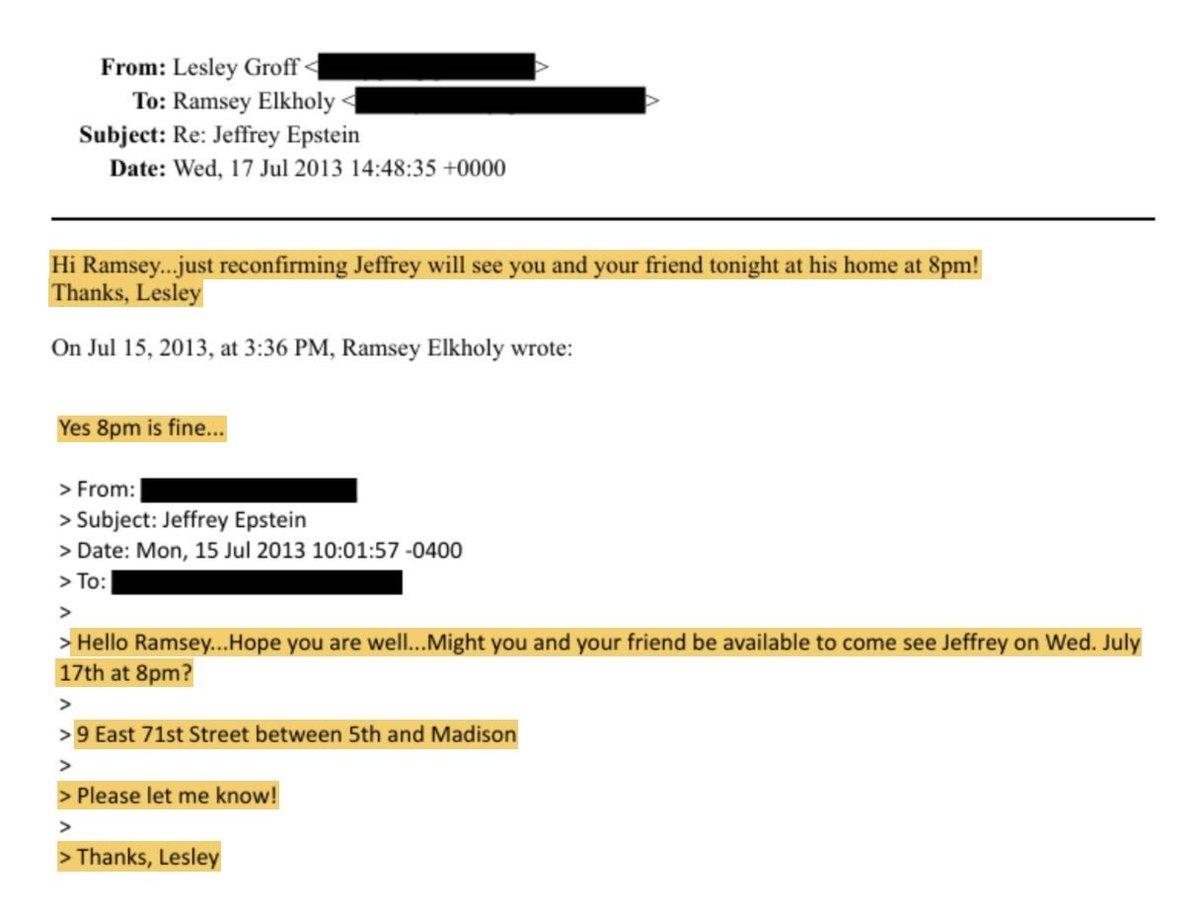 FonsFlacko's tweet photo. Ramsey Elkholy emailing with Lesley Groff (Epstein’s assistant) confirming a meeting with Jeffrey Epstein at his home.

July 17, 2013 – 8pm at Epstein’s NYC residence (9 East 71st Street).

“Hi Ramsey…just reconfirming Jeffrey will see you and your friend tonight at his home at 8pm!
Thanks, Lesley”

This continues the pattern of direct coordination for meetings at Epstein’s properties. ￼

#RamseyElkholy #EpsteinFiles 🧵

https://t.co/jEMNoUORjC