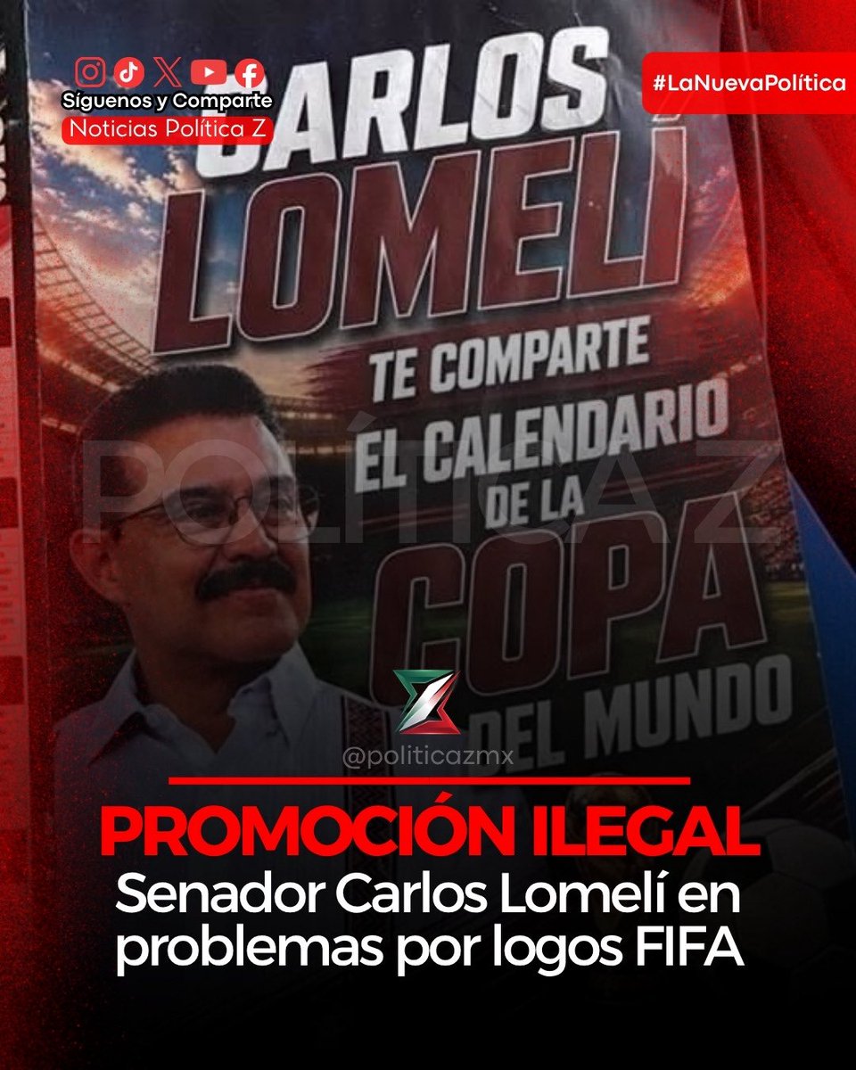 politicazmx's tweet photo. #ÚLTIMAHORA | 🔴 EL SENADOR CARLOS LOMELÍ ESTA EN LA MIRA DE LA FIFA 👀 

¡Qué buen calendario mundialista repartió el senador Carlos Lomelí en Guadalajara! Tan bueno, que parece que olvidó un pequeño detalle: el uso de logos oficiales registrados ante el IMPI es propiedad exclusiva de la FIFA 😂

La "brillante" estrategia de promocionar su imagen usando marcas registradas podría salirle carísima: una multa de hasta 30 millones de pesos.

Por supuesto, no le den RT a este post, no queremos que el equipo legal de la FIFA se entere de este uso "no autorizado" de su propiedad intelectual. Sería una lástima que al senador @DrCarlosLomeli le cobren su promoción electoral con una multa millonaria, ¿verdad? 🤫