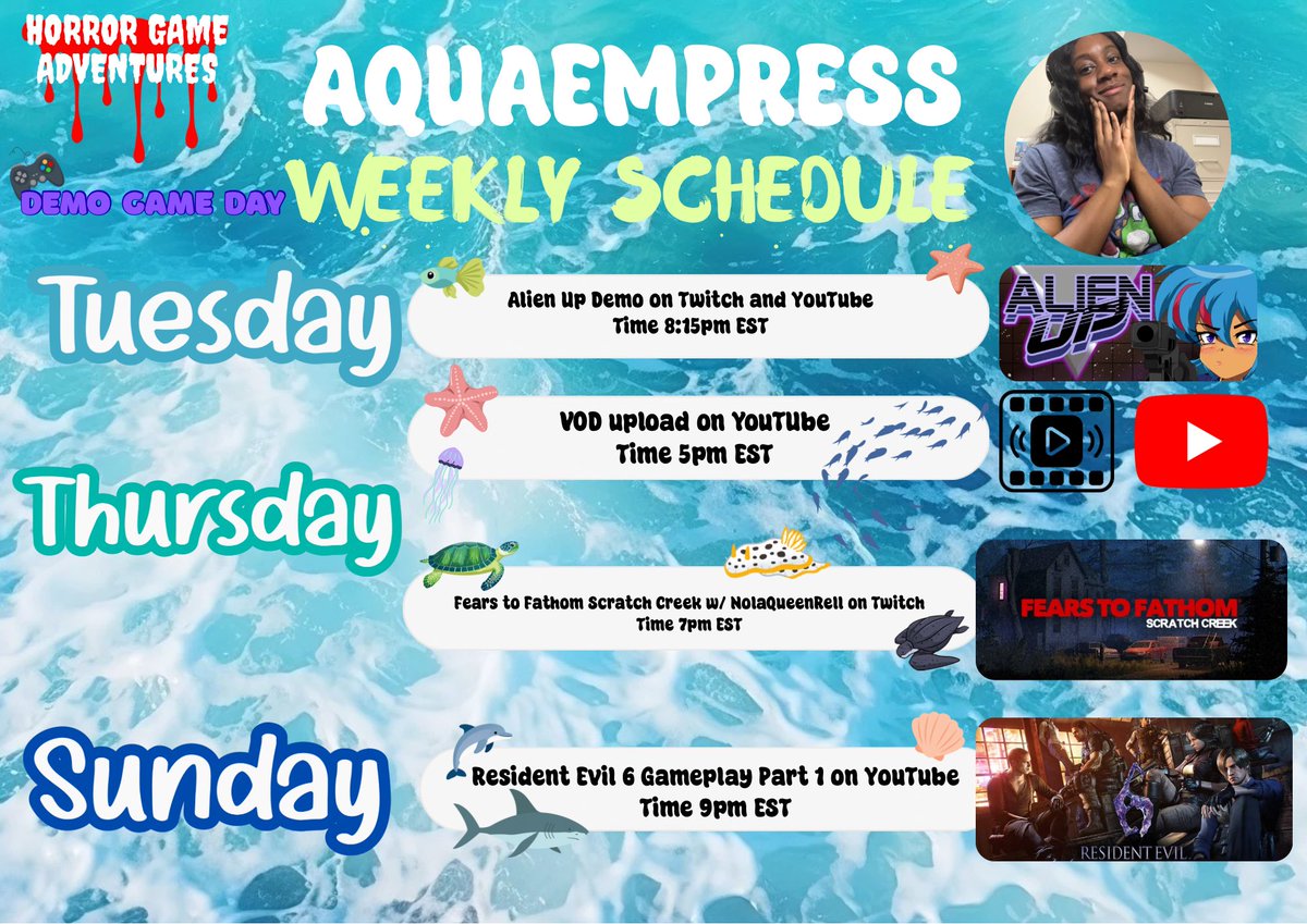 aqua_empress's tweet photo. New week, new schedule! This Thursday I will be collabing with @NolaQueenRell for Horror Game Adventures. Weβre playing Fears to Fathom Scratch Creek on Twitch. Stay tuned! #RoyalENT #BunniiGang
π: https://t.co/JXoPb8EpP8
π: https://t.co/gD3vaKN1SI
π: https://t.co/ENi1zIqFs0 https://t.co/wBfNfNsLE8