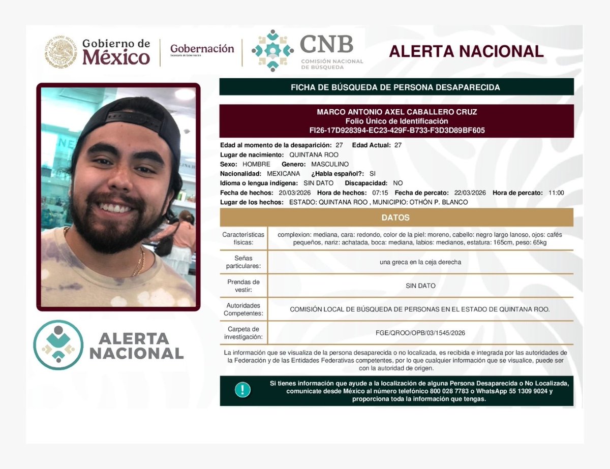 JTuffic's tweet photo. 🔴 COMPLICIDAD Y SILENCIO EN QUINTANA ROO! AYÚDENME A DIFUNDIR 🔴 

🚨 Me llegó esta información confidencial sobre este joven desaparecido y les pido todo su apoyo para difundir masivamente.

Es sumamente delicado que los niveles más altos del gobierno de Quintana Roo y LA FISCALÍA tengan que ver con este caso, ¡y nadie hace absolutamente nada por encontrarlo!

​Datos de la ficha de búsqueda:

​Nombre: MARCO ANTONIO AXEL CABALLERO CRUZ

​Edad: 27 años

​Fecha de desaparición: 20/03/2026 a las 07:15 horas

​Lugar de los hechos: Municipio de Othón P. Blanco, Estado de Quintana Roo

​Características físicas: Complexión mediana, tez morena, cabello negro largo lanoso, ojos cafés pequeños, nariz achatada, estatura 165cm y peso 65kg

​Señas particulares: Una greca en la ceja derecha

​Carpeta de investigación: FGE/QROO/OPB/03/1545/2026

🤚 ​Llamo fuertemente la atención de la gobernadora @MaraLezama y del fiscal Raciel López Salazar.

Bien saben ustedes que esto es algo sumamente delicado, así que ¡QUEREMOS UNA RESPUESTA INMEDIATA!

Los familiares han sido cruelmente ignorados y todo esto apesta a una vil complicidad.

⚠️ ​Gobernadora, si no está enterada, ¡ponga orden de inmediato en su fiscalía que está descaradamente coludida con el crimen organizado! 🩸📉

​C.C. @MaraLezama  @FGEQuintanaRoo @GobQuintanaRoo @SEGOB_mx

#Desaparecidos #MadresBuscadoras #MexicoDesaparecido #QuintanaRoo #Chetumal #OthonPBlanco #JusticiaParaMarcoAxel #NoMasDesapariciones #BuscamosAMarcoAxel #133MilDesaparecidos #Mundial2026 #NiUnoMas #AltoALaImpunidad #4T