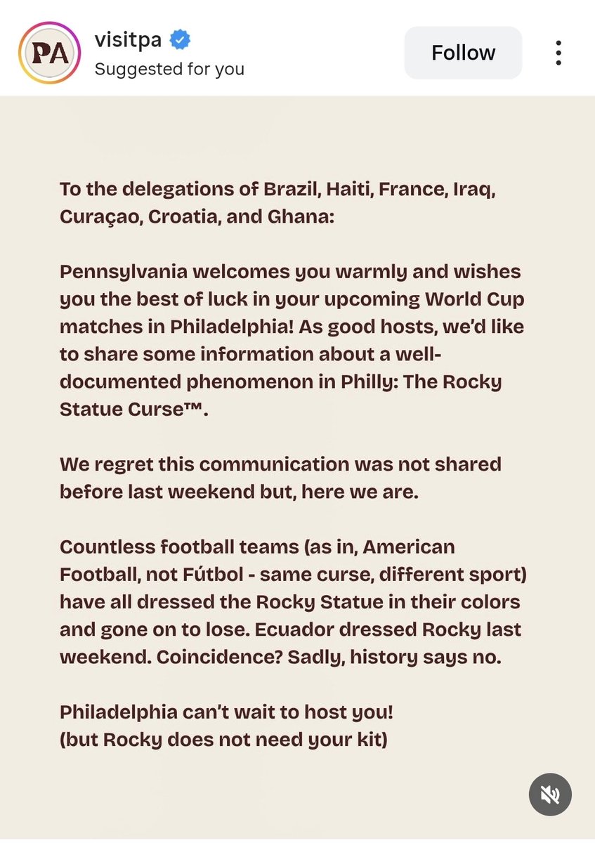 CapnOA's tweet photo. VisitPA has put out an official statement to all World Cup teams yet to play in Philadelphia. We cannot wait to see you but please for your own wellbeing, do not dress up the Rocky Statue 😂 https://t.co/PVfb1Y9Q4f