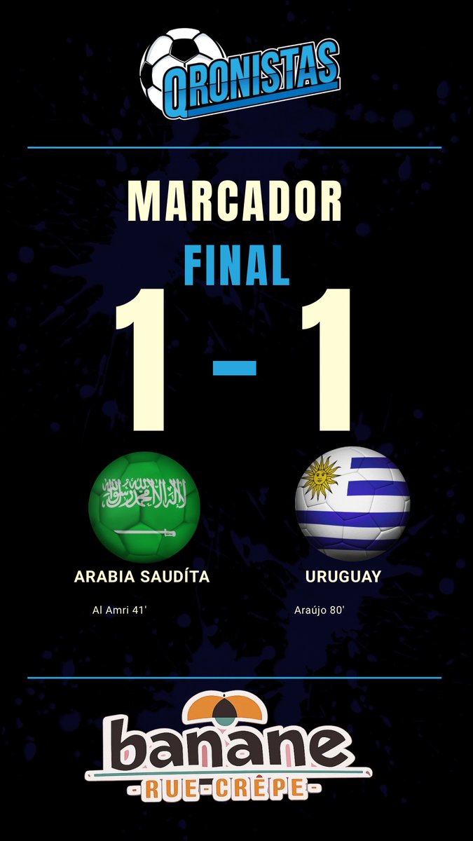 pacochimalc's tweet photo. La Celeste no pudo en Miami. Arabia 🇸🇦 Al-Amri (41’) adelantó a los saudíes; Araújo 🇺🇾 (80’) salvó el empate. Al-Owais fue figura. Grupo H sin líder. ¿Le alcanza el punto a Bielsa? https://t.co/iPsUq3bHW8 | #QrónicasMundial2026 https://t.co/xCJMIb9nJB