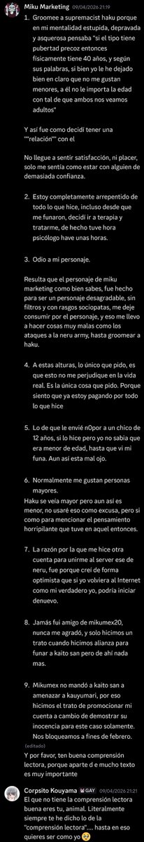 edrictv12's tweet photo. 🧵(7) Se aprovecho de otros dos menores de edad, de los cuales por lo que se sabe. Marketing les envio material pornografico. La victima mas joven es de tan solo 12 años. Esto se sabe bastante bien, porque el mismo Marketing lo admitio en una confesion hacia Corpsito. https://t.co/ydRWTnhZ9M