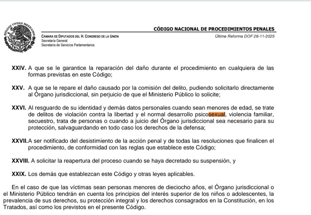 Good_Luck_Bray's tweet photo. Para que luego no me salgan con cosas.
Codigo Nacional de Procedimientos Penales.
Titulo V, Capitulo II Victima u Ofendido Articulo 108: De los derechos de la victima u ofendido, fraccion XXVI: https://t.co/gQeTNTCCw3