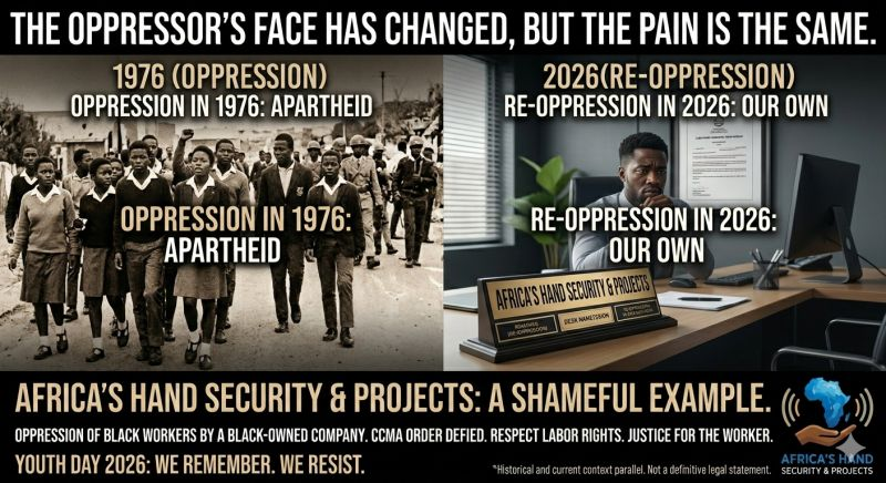 JAGXUS's tweet photo. A Betrayal of Our History:
Today, black people are being oppressed by a black-owned company - Africa's Hand Security &amp; Projects. 
https://t.co/rMCBoBxHZ1

#YouthDay2026 #NBCPSS #CCMA #WorkersRights #Accountability #SocialJustice #SowetoUprising #LaborJustice #HumanDignity https://t.co/r1sqYpSDQP