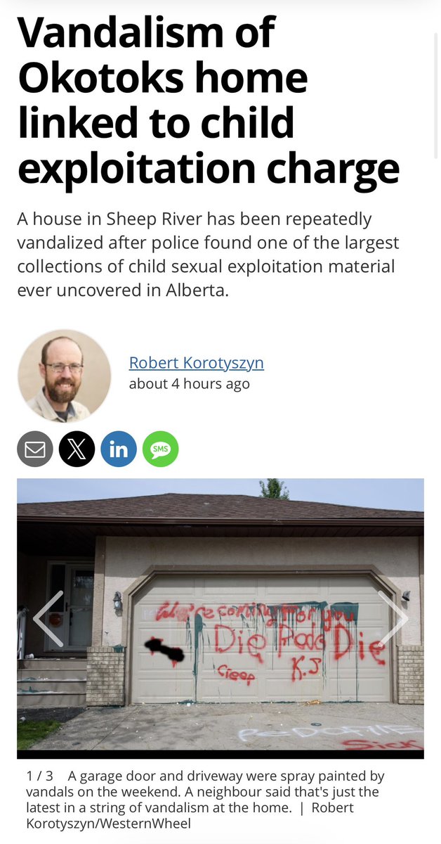 SamanthasLaw's tweet photo. Vandalism of #Okotoks home linked to child exploitation charge:
#SheepRiver, alleged residence of Corey Airhart 35, repeatedly vandalized after police found one of the largest collections of child sexual exploitation material ever uncovered in #Alberta.
https://t.co/33TSur823p https://t.co/9Wx73w4jxw