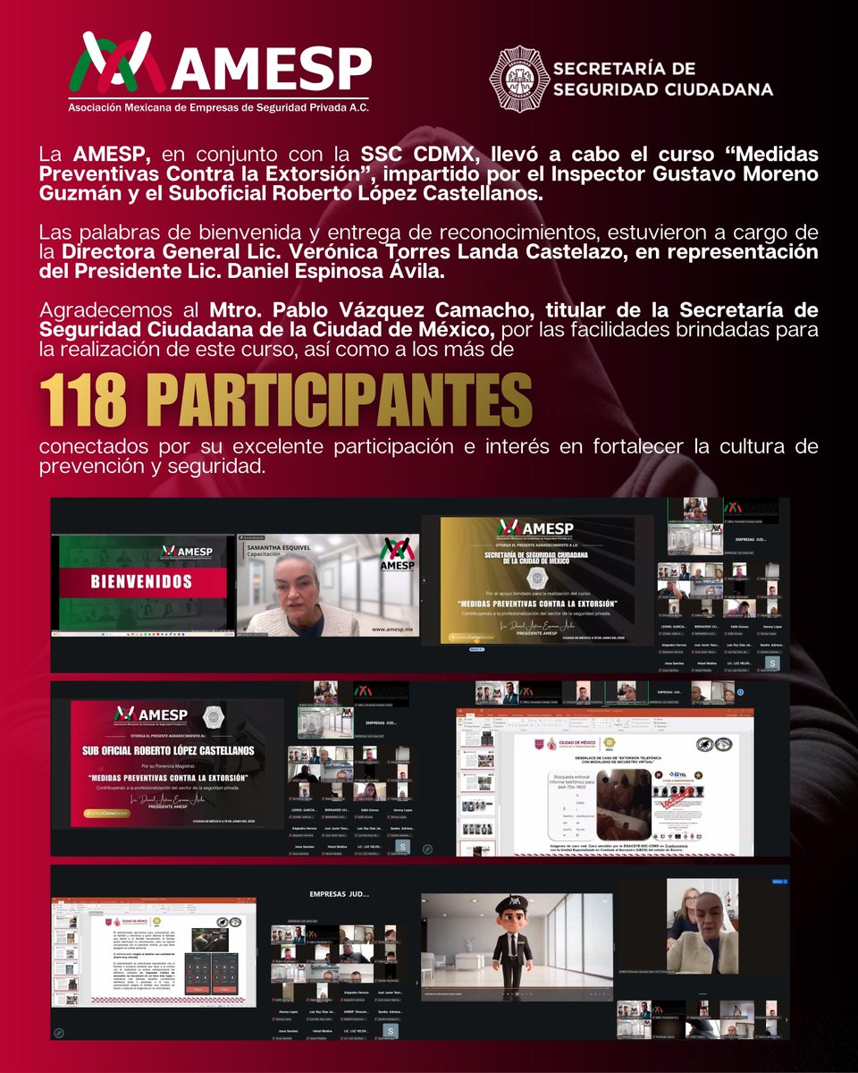 AMESP_oficial's tweet photo. Agradecemos al Mtro. @PabloVazC titular de la @SSC_CDMX por las facilidades brindadas para la realización de este curso, así como a los más de 110 participantes conectados por su excelente participación e interés en fortalecer la cultura de prevención y seguridad.
#AMESP https://t.co/sI2BXb0QY5