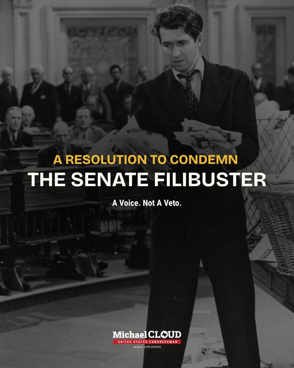 RepMichaelCloud's tweet photo. The Senate’s artificial and self-imposed 60-vote barrier is counter to the Founder’s intent. 

The Constitution is precise in prescribing the occasions for a supermajority vote.  Passing legislation is NOT one of them. 

Our system was designed to ensure the minority always has a voice — not a veto.

Today I introduced a resolution condemning the Senate’s abuse of the filibuster and calling on the Senate to reform or abolish its cloture rules so that House-passed legislation receives proper consideration.