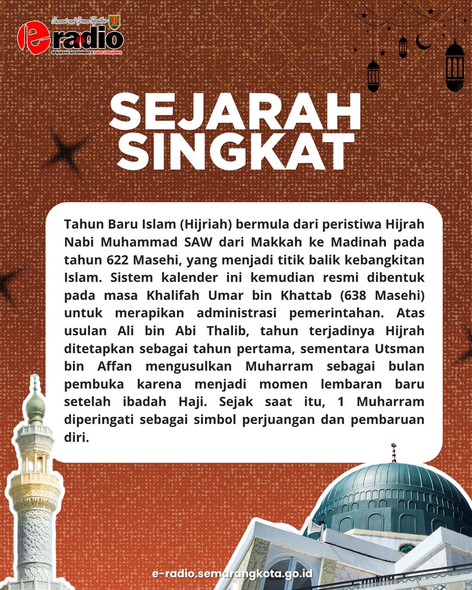 e_radiosemarang's tweet photo. Mari jadikan momentum pergantian tahun ini sebagai awal yang baik untuk memperbaiki diri, memperkuat keimanan, dan menebar lebih banyak kebaikan di sekitar kita. Selamat menyambut lembaran baru dengan semangat hijrah yang penuh berkah! https://t.co/xf3iJXqwHE