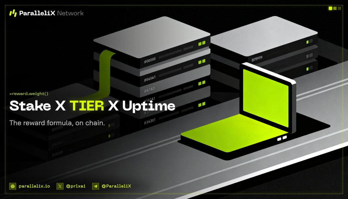 prlxai's tweet photo. Why pay a datacenter node more than a CPU node?
Because reward is stake times hardware tier times uptime. CPU 1.0x, entry GPU 1.5x, high GPU 2.5x, datacenter 3.0x.
Better hardware online longer earns more. The math is on chain.
#ParalleliX #AI #Uptime https://t.co/8VNgt1kTgP