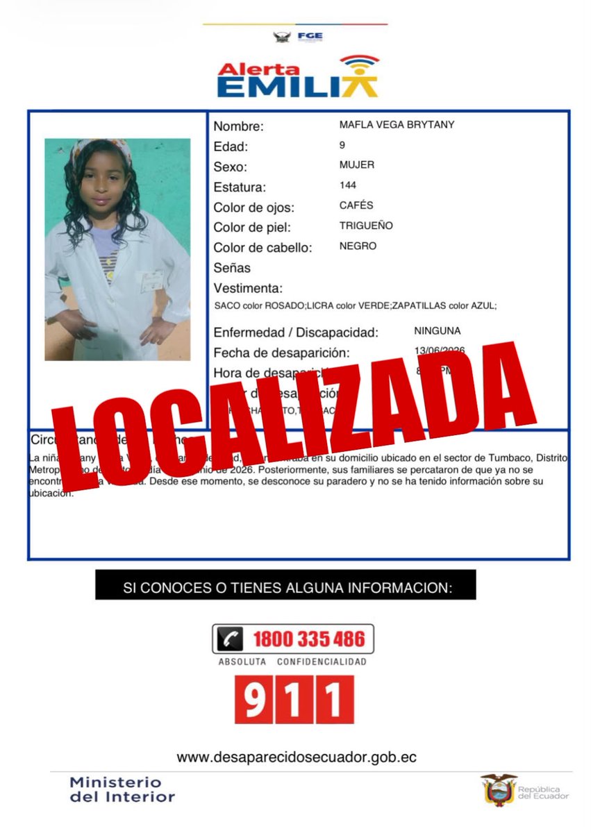 FiscaliaEcuador's tweet photo. #ACTUALIZACIÓN | #AlertaEmilia: informamos que la niña Brytany Mafla Vega, reportada como desparecida el pasado 13 de junio, en el oriente de #Quito, ya fue localizada.

#DesaparecidosEcuador https://t.co/3MbM2sMvGX