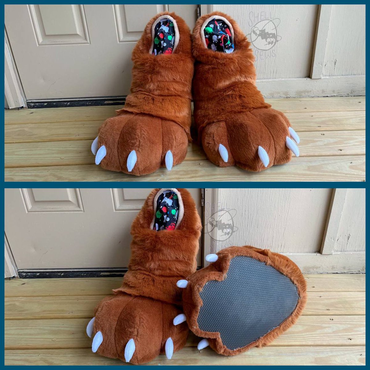 Shellsews's tweet photo. His handpaws feature five fingers, with fleece pawpads and claws, they are fully lined, made with Kloofsuits Pattern. He has a large tail, that attaches via belt loops. He also has outdoor digitigrade style feetpaws with fleece claws the is pattern by Spiltgrapesoda! https://t.co/3PDfN34oQe