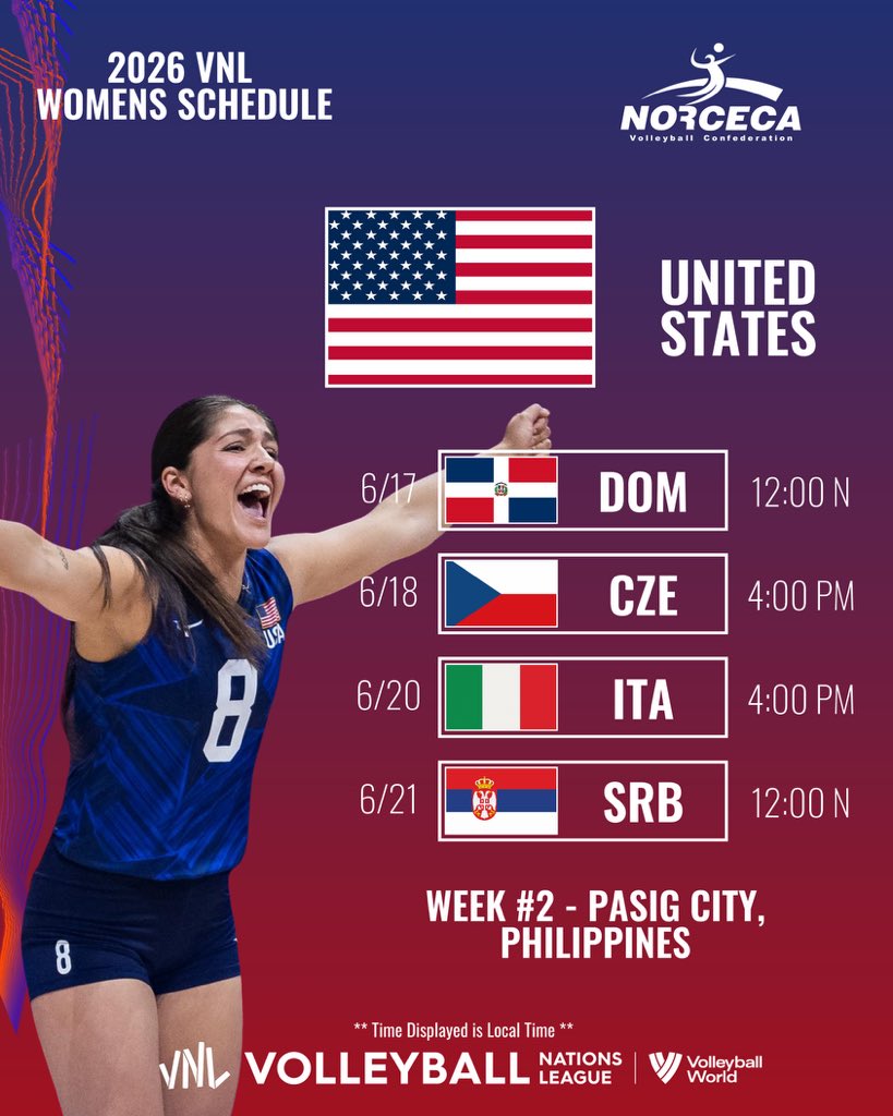 Norceca_Info's tweet photo. #vnl2026 | Week 2 United States ๐บ๐ธ
โฐ LOCAL TIME
๐Pasig City, Philippines ๐ต๐ญ
๐บ VBTV
๐ Check schedule and results https://t.co/c5ydblYdf6
#norceca #bepartofthegame https://t.co/66GketgLak