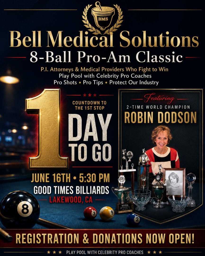 BELLMEDSOLUTION's tweet photo. 1 DAY TO GO 🎱

The Bell Medical Solutions 8-Ball Pro-Am Classic is almost here.

Featuring 2-Time World Champion Robin Dodson
📍 Good Times Billiards, Lakewood, CA
🗓 June 16 | 🕠 5:30 PM

Register or donate here:
https://t.co/pg3yFwtQdv https://t.co/FqrpWNNliO