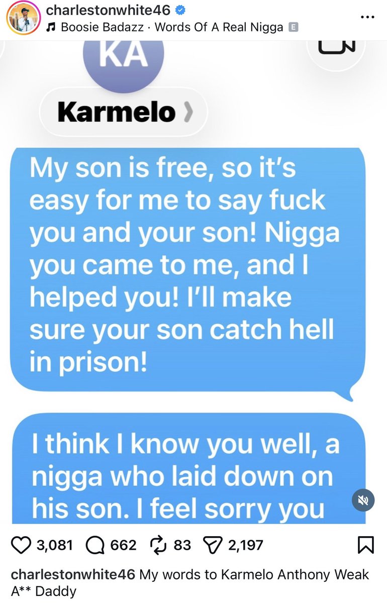 CinemaShogun's tweet photo. HOLY SH*T 🤯 

Karmelo Anthony former advocate Charleston White shows off text messages he claims he sent to Karmelo’s father.

“I’LL MAKE SURE YOUR SON CATCH HELL IN PRISON”

Charleston White has been defending Karmelo and attacking Austin Metcalf’s family for over a year.

A day or so after the guilty verdict came in Charleston spoke out to dissociate himself from Karmelo’s family while claiming they’re just in it for the money.

NOW HE’S THREATENING TO HAVE KARMELO ATTACKED IN PRISON.

It appears all hell is breaking lose behind the scenes in Karmelo’s camp.