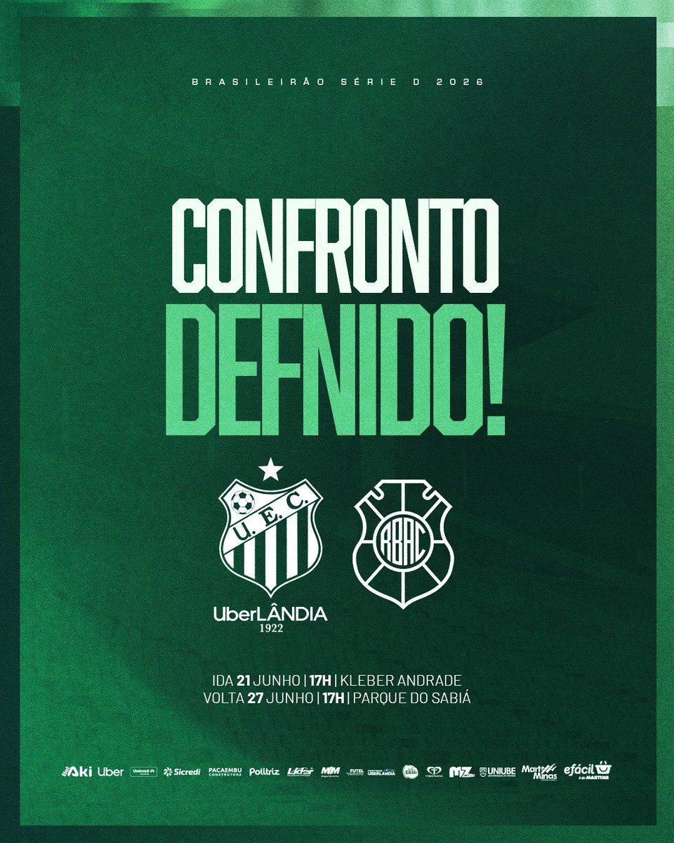 UEC_Oficial's tweet photo. 🔜 Mata-mata definido!

O Uberlândia já conhece seu adversário na segunda fase da Série D. O Verdão enfrenta o Rio Branco-ES e a CBF divulgou a data dos confrontos.

JOGO DE IDA:
21 de junho | 17h | Estádio Kleber Andrade

JOGO DE VOLTA:
27 de junho | 17h | Parque do Sabiá

Vamos, Verdão! 👊💚