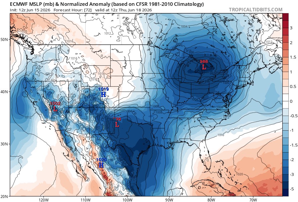 stormwx1's tweet photo. Anomalously low pressure with system expected Wed-Thurs through the Great Lakes. This could bring heavy rain &amp; potentially very strong winds to the region Wed PM into Thurs AM. https://t.co/vDActJNH0v