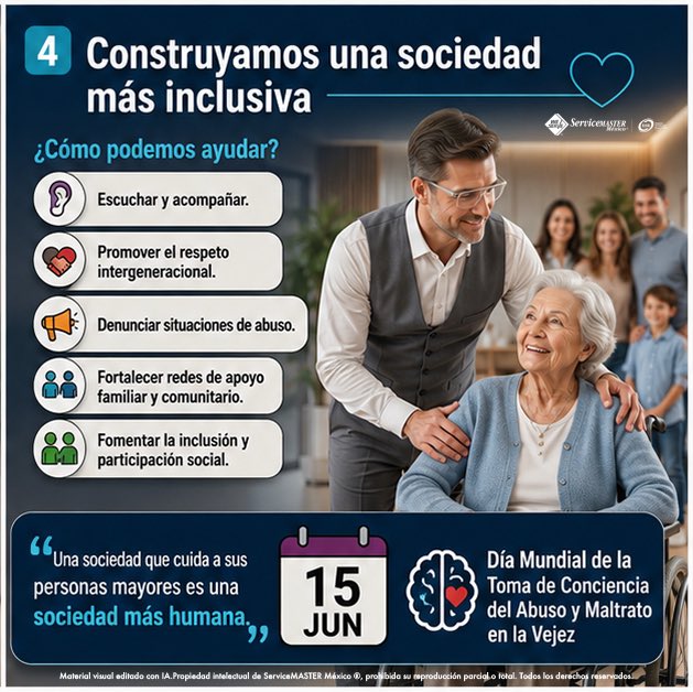 ServiceMasterM7's tweet photo. El respeto no tiene edad. 🧠💜 En el Día Mundial de Toma de Conciencia del Abuso y Maltrato en la Vejez, reafirmamos nuestro compromiso como empresa #ESR de promover la dignidad, la inclusión y el buen trato hacia nuestros adultos mayores. 👵👴✨

#derechoshumanos https://t.co/LDybdCBw0L