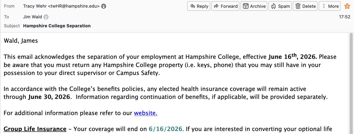 CitizenWald's tweet photo. So, it's official now. We got our formal termination notices, and normal operations of Hampshire College cease, and the "teachout" of the remaining students begins. (The great circle of life, or, . . .something)

I'll still have a couple of things to share https://t.co/Nlxi35iKiO