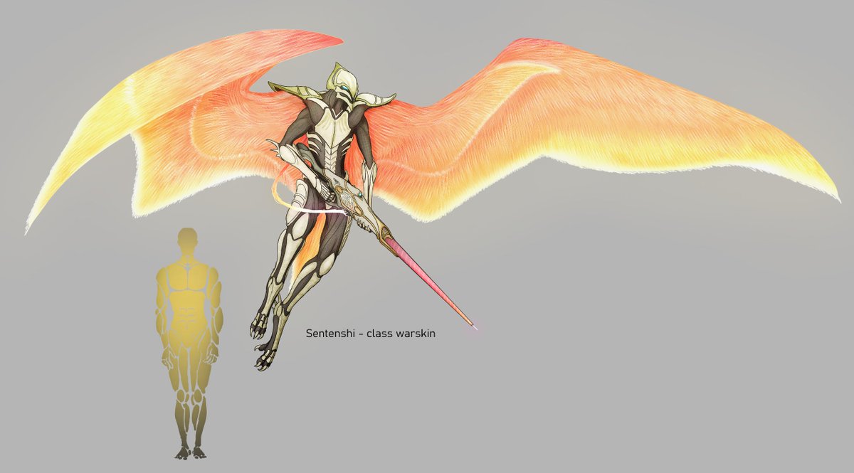 Screeble_art's tweet photo. The Sentenshi class of warskins have been engineered to serve as aerial predators and marksmen. Their living fiber wings allow them to fly trough the air and hover in place as they hunt their quarry. The ranged weapons they wield are put to deadly use with superhuman accuracy. https://t.co/fK74uoiZHe