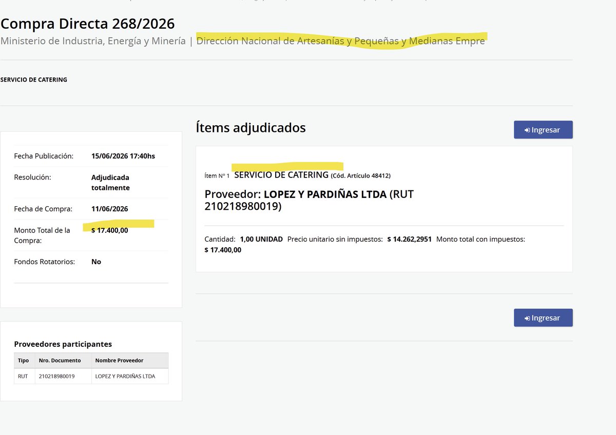 MartinFitz23506's tweet photo. CATERING 🥪: Los uruguayos pagamos $49.400 por Servicio de Catering para

🎯$ 17.400 Dirección Nacional de Artesanías y Pequeñas y Medianas Empresas

🎯$ 32.000 Dirección Nacional de Identificación Civil https://t.co/dQG6sUSN4U