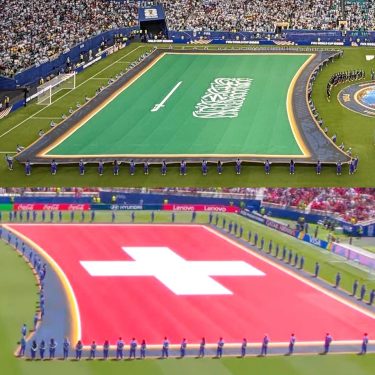 _su6an's tweet photo. الشي المعتاد قبل دخول اللاعبين يفرشون الاعلام المنتخبات على ارض الملعب ويدخلون اللاعبين للملعب

السعودية قدمت بطلب عدم وضع علمها على الارض ((لانه يحمل اسم الله على العلم))

وهذا الطلب تم الموافقة عليه احترامًا للمشاعر
الدينية والاسلامية ❤️ https://t.co/0TGqGK1RJm