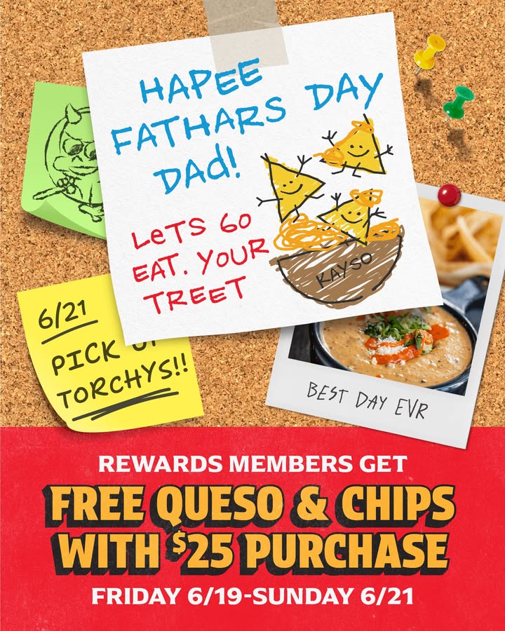 torchystacos's tweet photo. This one’s for all the rad dads out there who deserve the best Father’s Day gift: queso.

Starting Friday, 6/19, Rewards Members get a FREE Full Chips &amp; Queso with any $25 purchase at Torchy’s all weekend long. Sign up here: https://t.co/voy0r98Hyf https://t.co/EowHsNt9XL