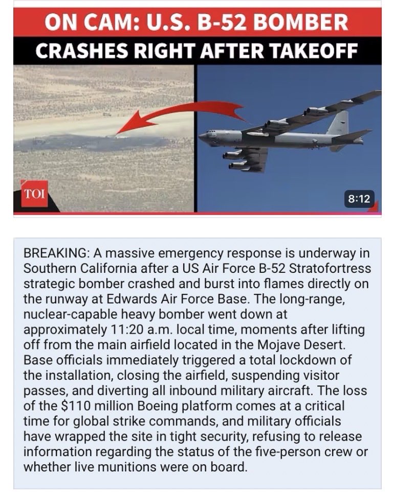 Z06Ronald's tweet photo. BREAKING: US Air Force B-52 Stratofortress bomber crashes after takeoff; massive fireball, emergency teams rush scene at Edwards Air Force Base, California 
https://t.co/aimHIoTDzr

@TimesOfIndia
June 15, 2026 https://t.co/uo56ZWf6hu