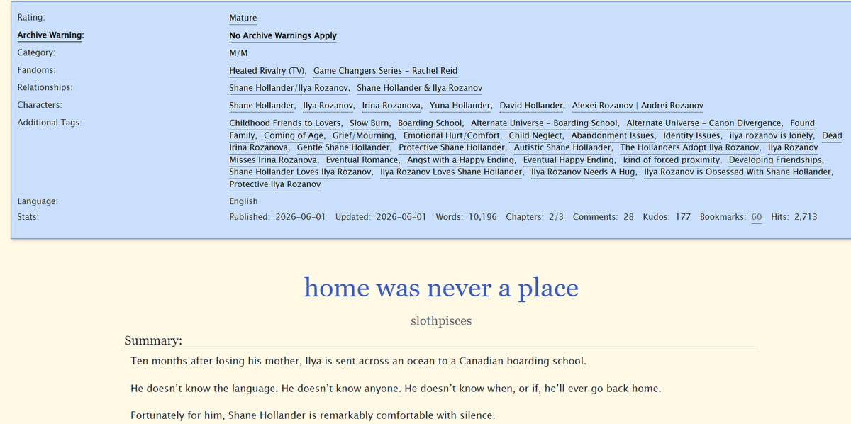 shanedist's tweet photo. home was never a place
🔗https://t.co/AGKPQOb7yG
⋆10.2k words so far!
⋆2/3 chapters
⋆ #hollanov childhood friends to lovers
⋆found family
⋆ilya gets the love he deserves :(

inspired by this post! https://t.co/yJQ7eu5kEw https://t.co/QGzaillB1d