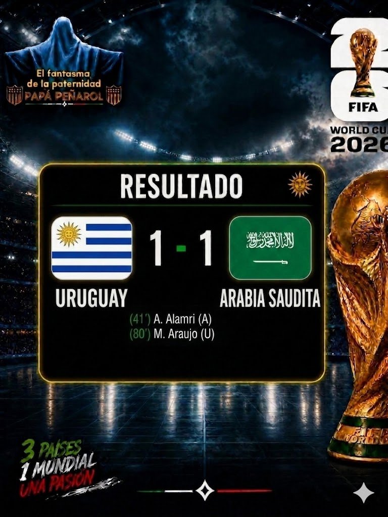 791Hugo's tweet photo. URUGUAY 1 
ARABIA 1 
Goles: 41' A.Alamri (A) 80' M. Araujo (U)

#elfantasmadelapaternidad1891 #Mundial2026 #FIFAWorldCup #WeAre26 WorldCup2026 Futbol Seleccion uruguay￼ estrella https://t.co/Tu1FsPcg2e