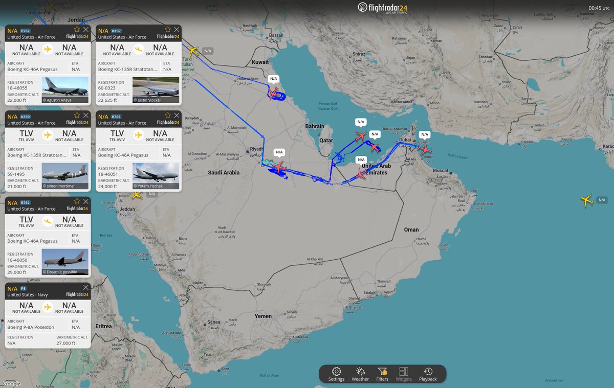 sentdefender's tweet photo. Several U.S. Air Force KC-135 "Stratotankers" and KC-46A "Pegasus" are active now near the Strait of Hormuz, along with a U.S. Navy P-8A "Poseidon" maritime intelligence, surveillance and reconnaissance aircraft. https://t.co/iNCxcEL8xl