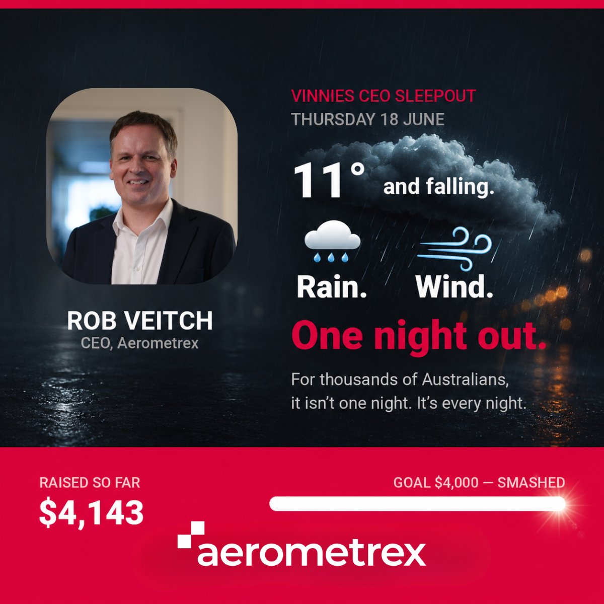 aerometrex's tweet photo. This Thursday, our CEO Rob Veitch is sleeping out at Adelaide Zoo for the @CEOSleepout.

With rain &amp; 35km/h winds forecast, it’ll be a tough night—but that’s the reality every night for thousands of Australians.

Rob’s raised $4,143 so far! Donate:
https://t.co/bHr1cquBCk https://t.co/rd3pT414qj