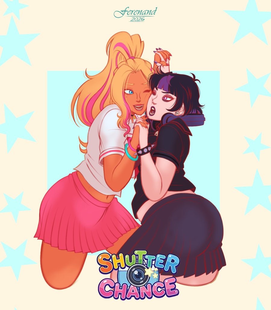 TFerenand's tweet photo. Double Trouble! 
Fanart of Candace (blonde-girl) and Vesper (gothic-girl) from the visual novela Shutter Chance by @Melongungames at Patreon. An amazing project they are working on. I fell in love with these girls (Vesper's my favourite). Check their page to know more! ❤️❤️❤️ https://t.co/2J9qSE82wI