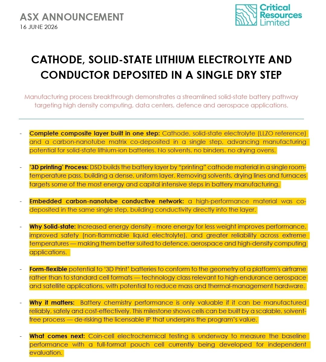 YellowStripeASX's tweet photo. $CRR 28% UP NOW⏫️💥
008 WIPED✅️
009 READY TO GO✅️
$CRR & @sdsmt 🇺🇸 is developing one of the most advanced #SolidStateBattery Technologies in the world & achieving the impossible
Today News💥
Complete composite layer built in one step- CATHODE, #SOLIDSTATE #LITHIUM ELECTROLYTE & CONDUCTOR DEPOSITED IN A SINGLE DRY
29th May News💥
Peer-reviewed benchmarking shows $CRR's first-pass amorphous electrolyte (ASE) benchmarks at superionic-class ionic conductivity & competitive sulphide-class activation energy — without sulphur
What comes next💥
Coin-cell electrochemical testing is underway to measure the baseline performance with a full-format pouch cell currently being developed for independent evaluation.
#ASX #SolidState #BatteryTech #Datacentres #Defence