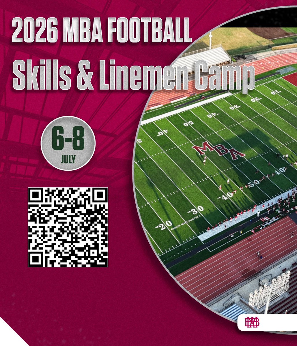 MBAFootball's tweet photo. 🏈 Skills &amp; Linemen Camp 🏈

📅 July 6–8
📍 Tommy Owen Stadium

Three days of football instruction, competition, and development. Come sharpen your skills, improve your technique, and get ready for the season ahead. #RollRed https://t.co/2SHee549dj