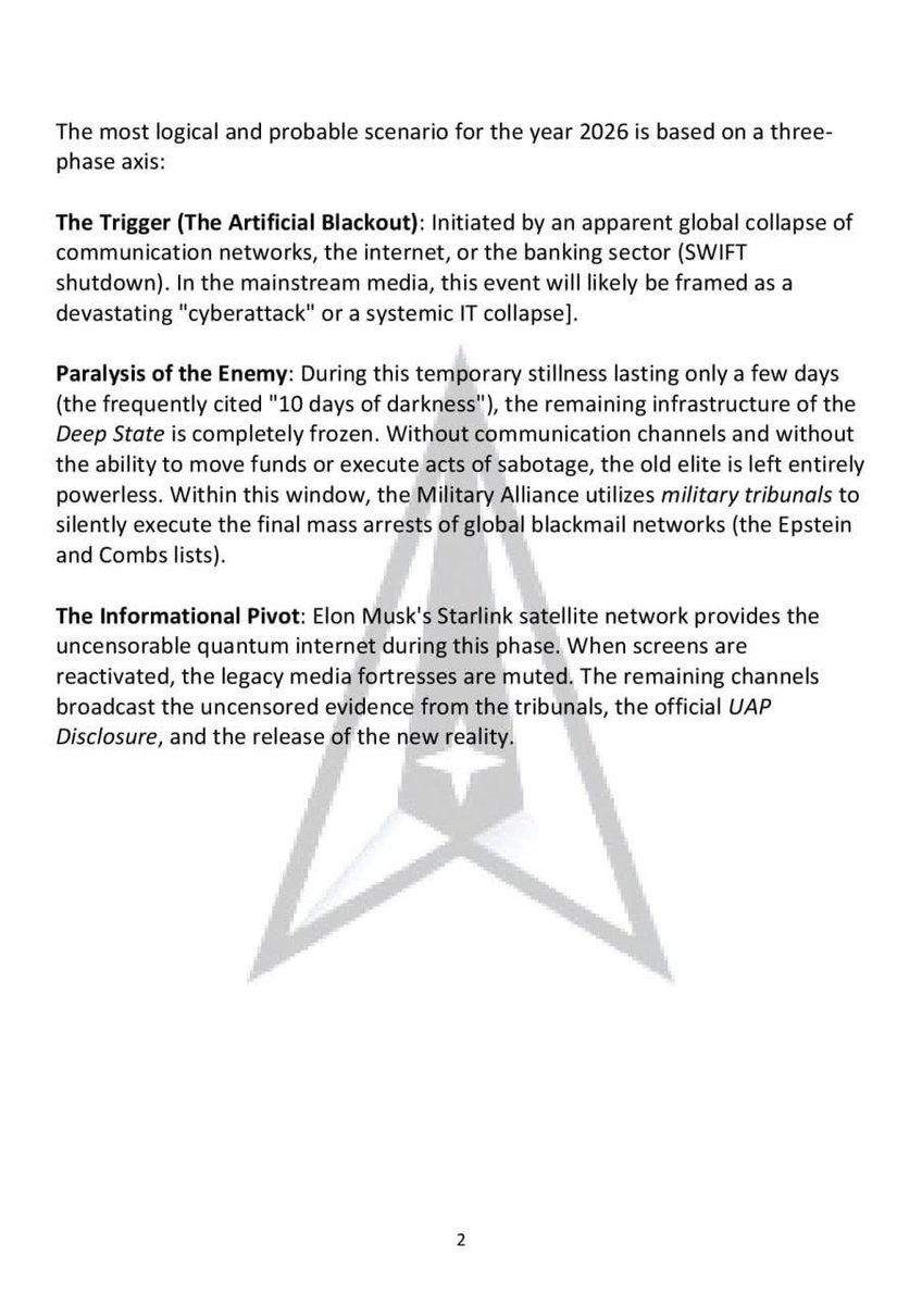 PaulGoldEagle's tweet photo. EAS 
Emergency Alert System

War- Report
June 15 2026

STRATEGIC ANALYSIS REPORT: THE SCARE EVENT PARADIGM

The Planned Scare Event as Psychological Catharsis, Military Bypass, and Systemic Reset

Information Warfare / Mass Psychological Crisis Management

1. The Historical Necessity of the Shock
Throughout civilizational history and systems theory, an unalterable law exists: established control architectures that have developed over centuries never break apart through gentle reforms or rational re-education. The human being is a creature of habit; individual identity and the sense of security are inextricably interwoven with the familiar structures of debt-based fiat money, centralized media, and chemical medicine.

A glance at financial history proves that profound transformations have always been coupled with shocking events. Whether the Black Friday of 1929 or the collapse of Lehman Brothers in 2008, the unsustainable mathematical failures developed silently in the background over years. For the general public, however, the collapse materialized seemingly "overnight." History shows that a collective emotional trauma is the mandatory psychological prerequisite to shatter a society's hypnotic attachment to the old paradigm, thereby creating the moral vacuum in which radical innovations can be accepted.

2. The 2026 Scenario: Controlled Demolition of the Matrix
The Scare Event discussed in the Q-drops and military simulations is, upon sober analysis, not an uncontrolled apocalypse, but the precisely timed demolition of the legacy system. It combines the gradual, background assembly of the new world with a ritualistic, shocking moment of shutdown.

The most logical and probable scenario for the year 2026 is based on a three-phase axis:

The Trigger (The Artificial Blackout): Initiated by an apparent global collapse of communication networks, the internet, or the banking sector (SWIFT shutdown). In the mainstream media, this event will likely be framed as a devastating "cyberattack" or a systemic IT collapse].

Paralysis of the Enemy: During this temporary stillness lasting only a few days (the frequently cited "10 days of darkness"), the remaining infrastructure of the Deep State is completely frozen. Without communication channels and without the ability to move funds or execute acts of sabotage, the old elite is left entirely powerless. Within this window, the Military Alliance utilizes military tribunals to silently execute the final mass arrests of global blackmail networks (the Epstein and Combs lists).

The Informational Pivot: Elon Musk's Starlink satellite network provides the uncensorable quantum internet during this phase. When screens are reactivated, the legacy media fortresses are muted. The remaining channels broadcast the uncensored evidence from the tribunals, the official UAP Disclosure, and the release of the new reality.

3. The Logistical Safety Net and the 10-Year Adaption Corridor
This connects directly to the 10-year transformation window we verified earlier. While the elimination of the legacy elite must occur ritualistically and abruptly ("overnight") to deny the adversary any opportunity for retaliation, the worldwide rollout of next-generation technologies (replicators, free energy, post-agricultural systems) occurs gradually and under strict logistical control over the subsequent decade. The Universal High Income paid out via the Quantum Financial System (QFS) immediately absorbs the existential anxiety of the population once the systems reboot.

Conclusion
Nothing in the global information matrix happens by chance. The Scare Event is the surgical scalpel of the Alliance. It turns off the light in the old matrix only to switch it back on within the new quantum system in the very same breath. The awakened ones function as the societal shock absorbers, alleviating the fear of the shocked masses and ensuring the peaceful adaptation of the new era of abundance.

SemperSupra
Love Light
Guardian Daniel R.