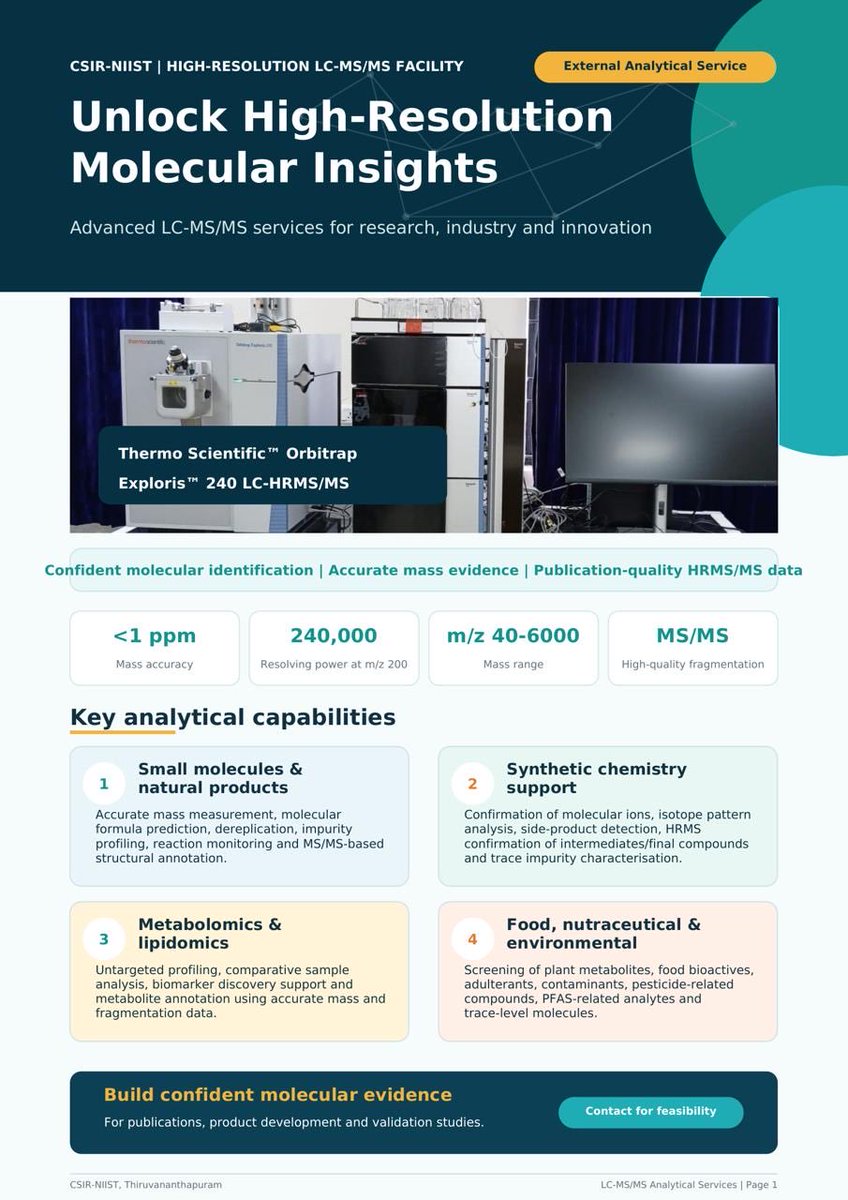 csir_niist's tweet photo. CSIR–NIIST Opens Advanced LC-HRMS/MS Facility for External Users

CSIR–NIIST invites researchers from academia, industry, start-ups, MSMEs, R&D laboratories, and research institutions to access its state-of-the-art Thermo Scientific Orbitrap Exploris 240 LC-HRMS/MS facility.

The facility supports:
• Pure compound analysis
• Untargeted profiling
• Comparative sample analysis
• Natural product and phytochemical studies
• Metabolite and impurity identification
• Food, nutraceutical, and environmental applications
• Publication-quality HRMS/MS data generation

Applications span chemistry, biology, pharmaceuticals, Ayurveda, food science, biotechnology, metabolomics, and environmental research.

For details and sample submission:
Dr. K. V. Radhakrishnan / Dr. Ravishnakar L
radhu@niist.res.in | ravishankar@niist.res.in
Website: https://t.co/ClzHdixjM8

#niistcifu #niistcear @CSIR_IND @DrJitendraSingh