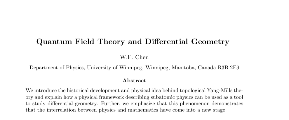 DiracGhost's tweet photo. You need to check out 'Quantum Field Theory and Differential Geometry' by Chen, a really nice history and primer on the physical idea behind topological Yang Mills theory. 

Short (22 pages), clearly written and very well suited for beginners and self learners. The reference list is quite good as well, for those willing to go further. 

🔗👇